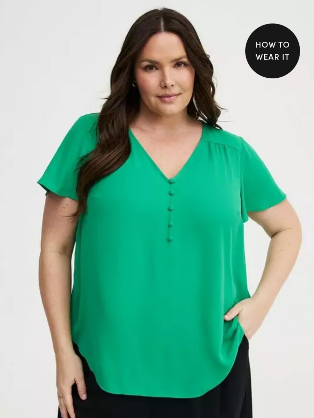 Plus Size Green V-Neck Button Front Blouse